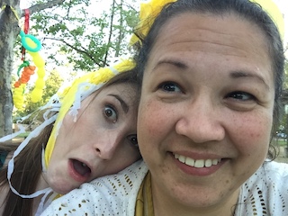 Anne and I being silly with pieces of a maize pinata on our heads